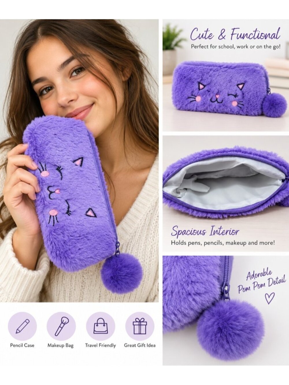 Purple Plush Cat Pencil Case Fuzzy Kawaii Zipper Pouch Pom Pom Makeup Bag